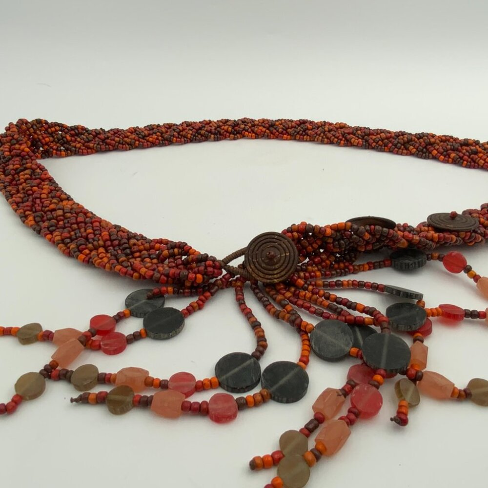 Adjustable Coral, Orange and Brown Seed Bead Woven Belt Wood Closure Fringe